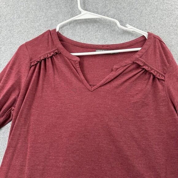 PrAna T-Shirt Womens Medium Dark Red Long Sleeve V-Neck Tee Basic Ruffle Accent - Picture 2 of 12
